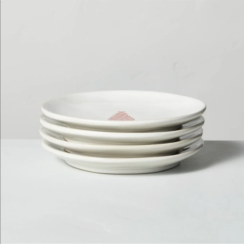 Magnolia etched tree stoneware appetizer plates cream/red - Picture 4 of 4